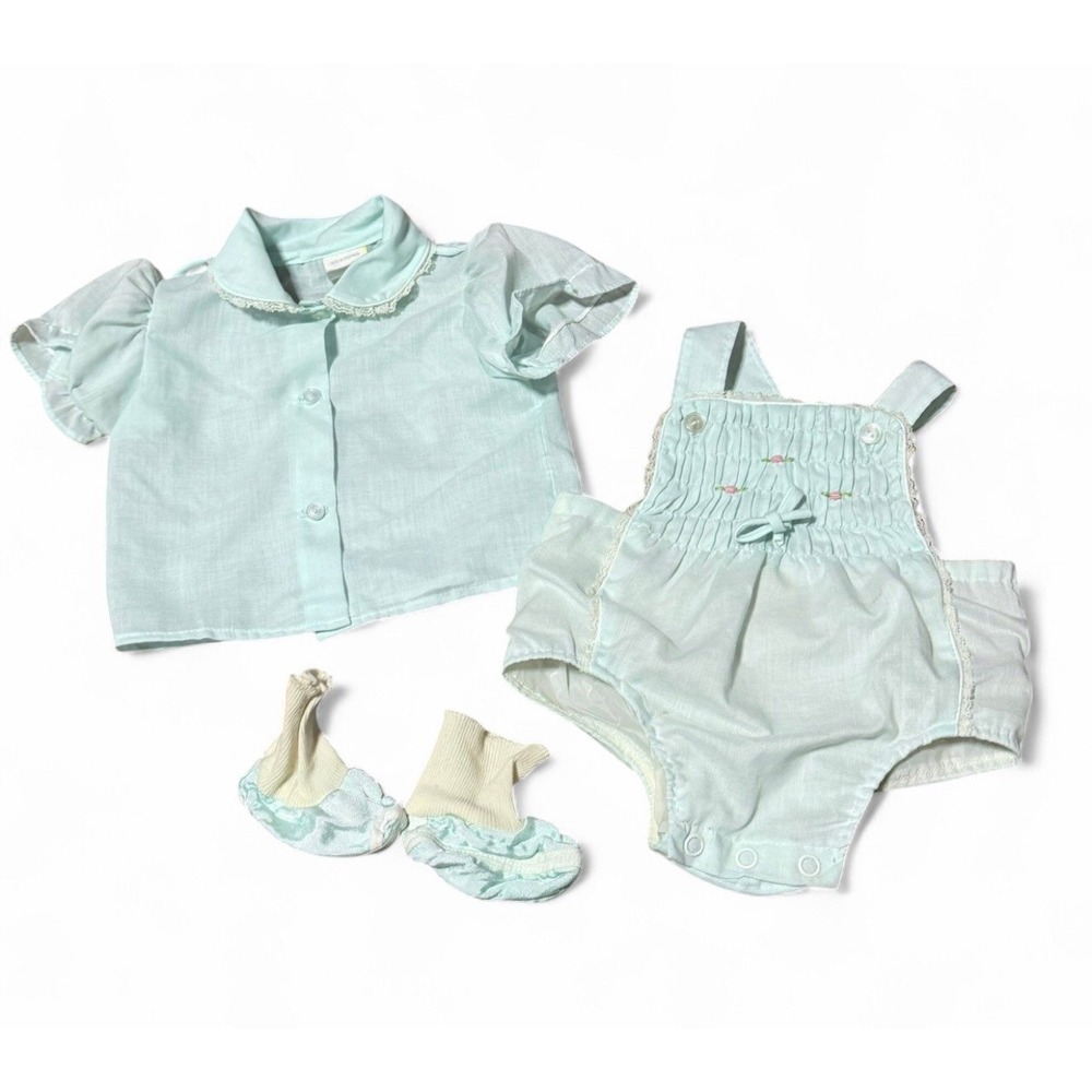 Vintage Baby Outfit Set 0-3 Mint Green Smocked Romper Shirt Socks Cottage